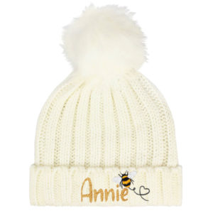Personalised Girls Bumble Bee Glitter Cream Bobble Hat