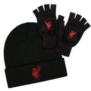 Men's Liverpool Liver Bird Black Beanie Hat & Fingerless Gloves