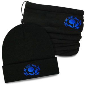 Scotland Rugby Thistle Embroidered Black Beanie Hat & Snood Scarf Set