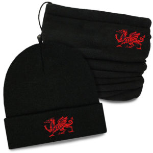 Wales Dragon Embroidered Black Beanie Hat & Snood Scarf Set