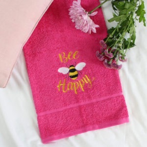Bee Happy Embroidered Luxury Hand Towel in Fuchsia Pink