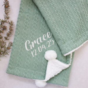 Personalised Embroidered Sage Baby Blanket with Sherpa Lining