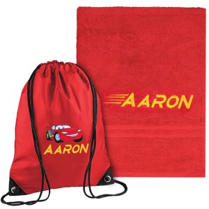 Swimming Towel and Sports Bag with Embroidered Cars
