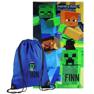 Personalised Embroidered Minecraft Beach Towel & Swimming Bag
