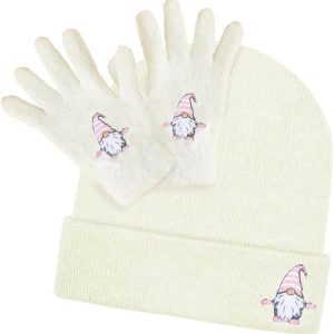 Gonk Gnome Embroidered Cream Beanie Hat & Fluffy Gloves