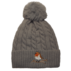 Women's Robin Embroidered Fleece Lined Grey Bobble Hat