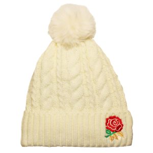 Women's England Rose Embroidered Fleece Lined Cream Bobble Hat
