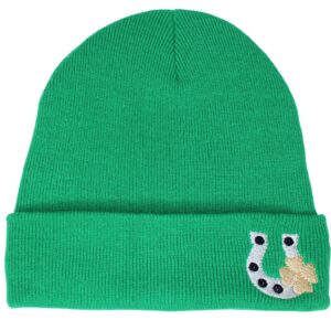 Lucky Horse Shoe & Gold Shamrock Green Beanie Hat