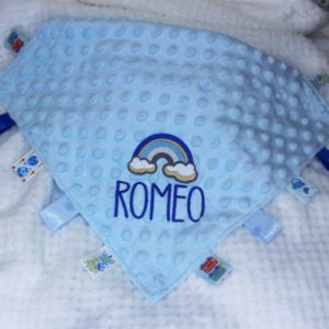 Personalised Baby Rainbow Blue Taggy Comforter
