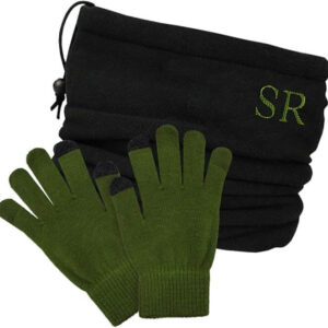 Personalised Men's Embroidered Black Snood & Green Touchscreen Gloves