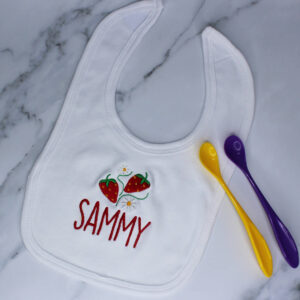 Personalised Baby Strawberry & Daisies Embroidered White Bib