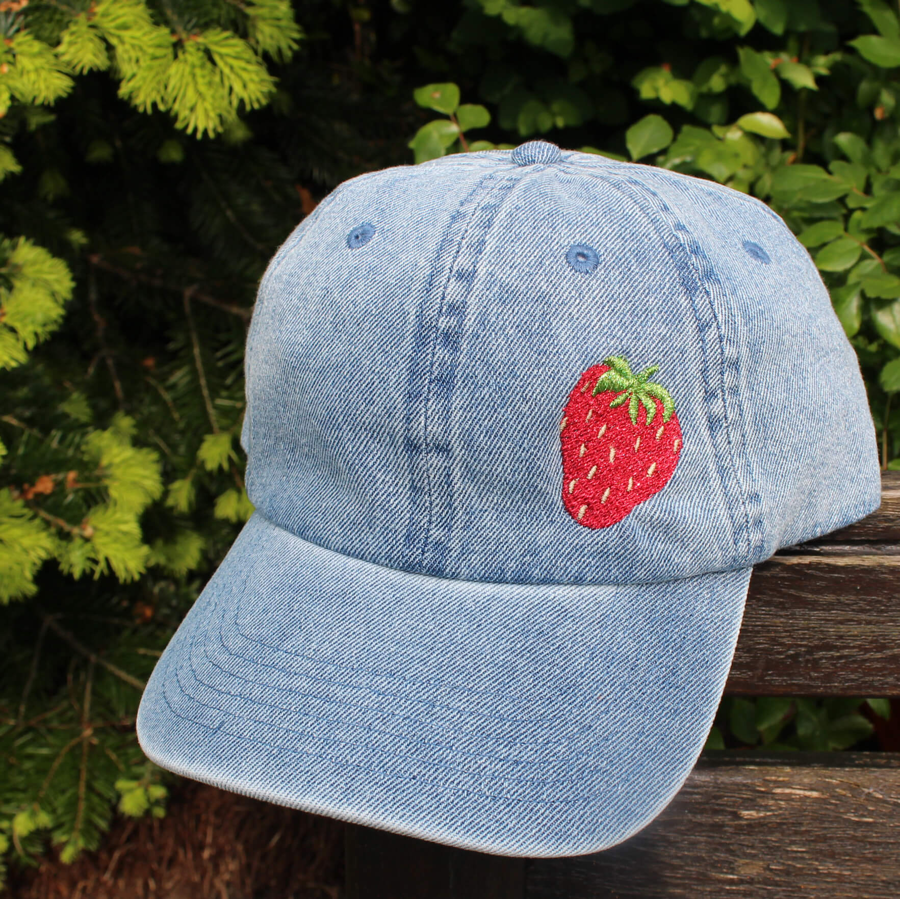 Sparkly Strawberry Denim Wash Cotton Baseball Cap