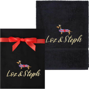 Personalised Union Jack Dachshund Black & Tea Towel and Hand Towel