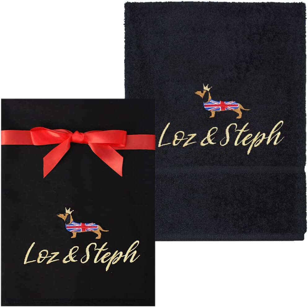 Personalised Union Jack Dachshund Black & Tea Towel and Hand Towel