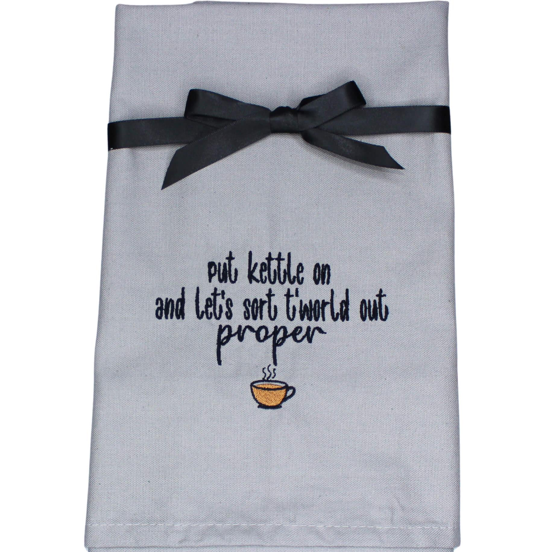 Put Kettle On Embroidered Silver Grey Tea Towel