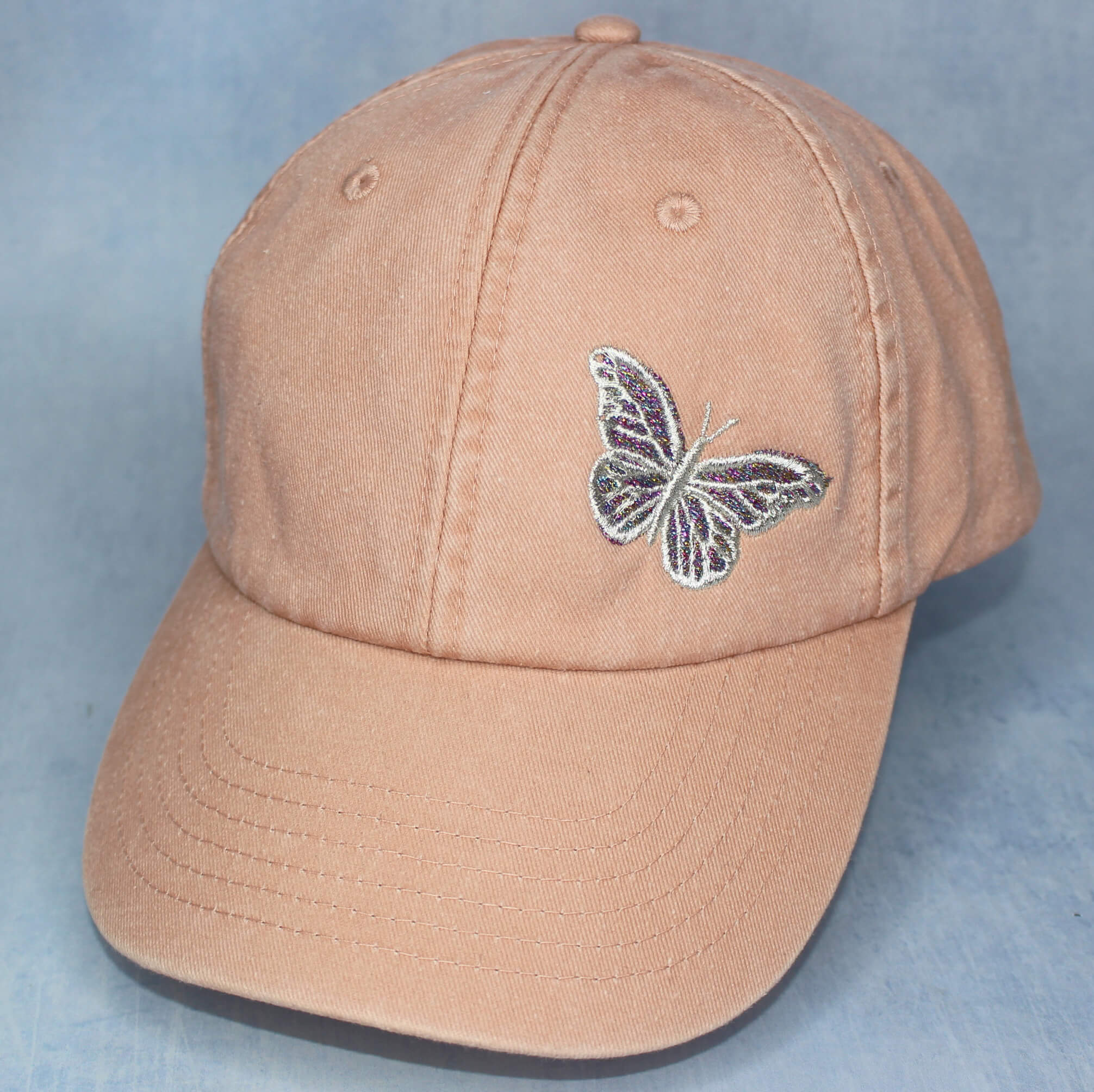 Embroidered Sparkly Butterfly Peach Denim Cap